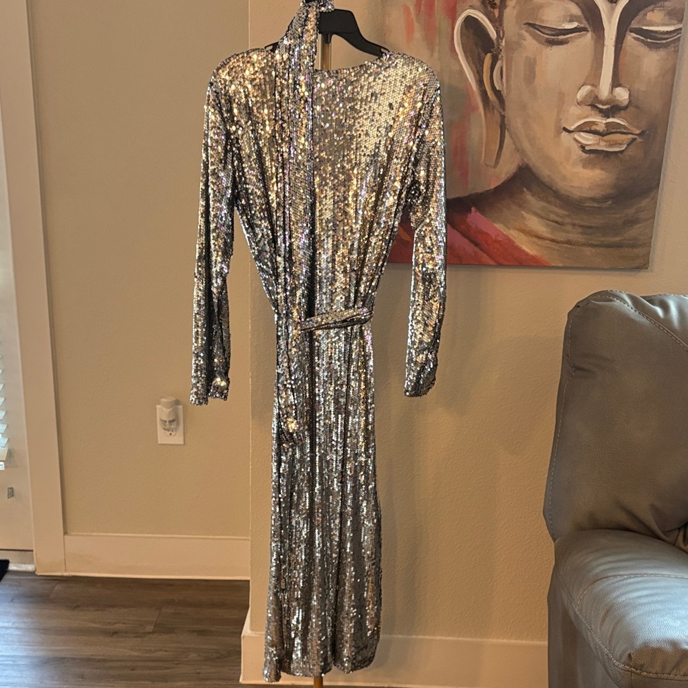 Silver Sequin Long Sleeve Wrap Maxi Dress - Picture 5 of 5